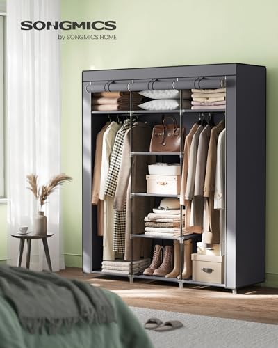 SONGMICS Canvas Wardrobe Bedroom Furniture Cupboard Clothes Storage Organiser Gray 175 x 150 x 45 cm RYG12G, Gery