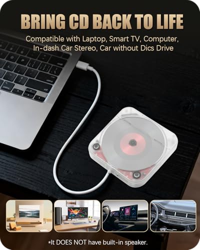 Portable External Cd Player For Car Usb Port Aux Port, Car Cd Player With Usb C Adapter Extension Cable, For Car Without Cds Player, Automobile, Laptop, Tv, Work Vertically And Horizontally - 6