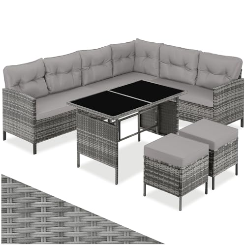 tectake® Ensemble Salon de Jardin Exterieur Modulable en Rotin, Canape Exterieur d’Angle, Table avec Plateaux en Verre et 2 Tabouret Pouf, Coussins Inclus,...