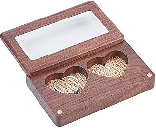 PandaHall Double Heart Ring Box, Rustic Ring Bearer with Easy Enclosure Engraved Wooden Pillow Ring Holder for Wedding Engagement Valentine's Day, 3.7x2.4x0.8/9.4x6x1.9cm
