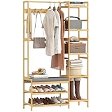 HOMCOM Garderobenständer, Kleiderständer mit 10 Haken, Gepolstert Schuhbank mit 2 Ablagen, Kleiderstange, 5 Offenen Fächern für Flur, Schlafzimmer, Wohnzimmer, Natur, Höhe 175 cm