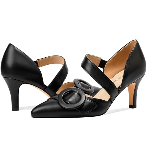 Women's Closed Toe D'Orsay Heels with Fashion Round Buckle, Pointed Toe 3" Stiletto Pumps with Comfortable S Elastic Strap for Dress Work Party Shoes Black Size 114