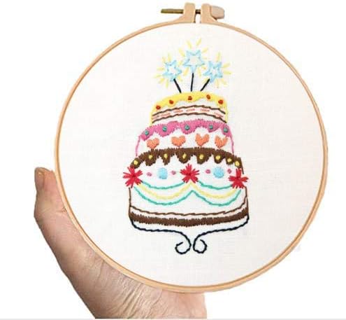 Embroidery Starter Kit Beginners Kit Including Cloth, Instructions, Embroidery Hoop, Color Threads and Embroidery Scissors for Adults and Kids(Birthday Cakes)