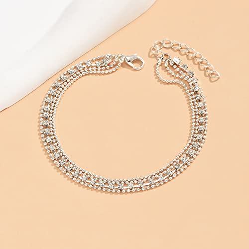 Image of Fesciory Heart Rhinestone Ankle Bracelets for Women, Adjustable Silver Plated Shiny Tennis Anklets, Twinkle Cubic Zircon Imitation Diamond Anklet Foot Chain Jewelry Gifts