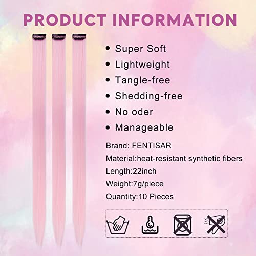 10 Pcs Colored Party Highlights Colorful Clip In Hair Extensions 22 Inch Straight Synthetic Hairpieces For Women Kids Girls, ((12 Pcs Light Pink) #TOP3