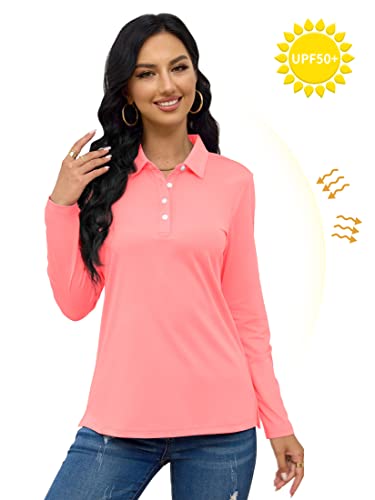 Tacvasen Womens Sun Protection Shirts Long Sleeve Upf 50+ Womens Long Sleeve Polo Shirts Golf Polo Collared Shirts Womens Work Shirts Pink #TOP5