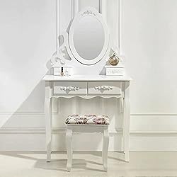 MOG CASA Tocador (L) Maquillage 145x80x40cm con Espejo | Taburete Acolchado Estampado con Flores | Forma Ovalada | 4 Cajones | Blanco y Crema