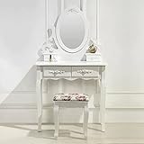 MOG CASA Tocador (L) Maquillage 145x80x40cm con Espejo | Taburete Acolchado Estampado con Flores | Forma Ovalada | 4 Cajones | Blanco y Crema