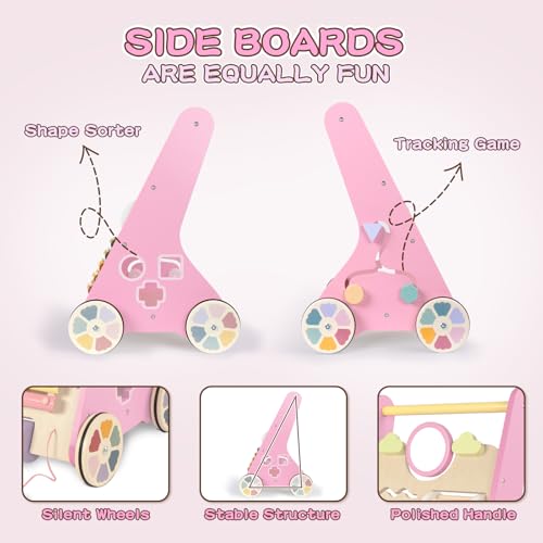 LOL-FUN Wooden Baby Walker for Girls with Wheels, Baby Push Walker for Baby Girl 12 Months, Pink Baby Walker Push Toy for 1 Year Old Walking - Thumbnail 5