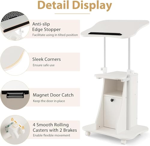 Mobile Laptop Podium, Portable Height Adjustable Podium Stand, Rolling Lectern Desk with Storage, 180° Tilting Top, Lockable Universal Casters, Sit-to-Stand Computer Desk for Home, Office - Thumbnail 5