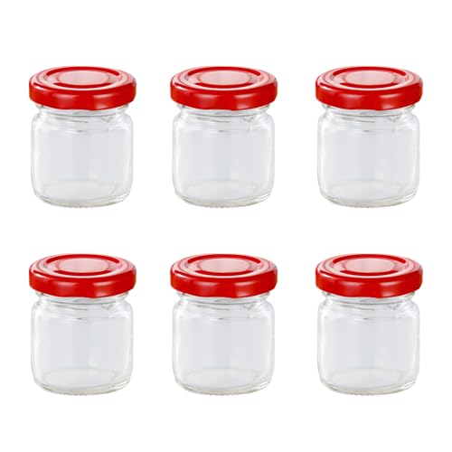 Chstarina 6 x 50ml Mini Jam Jars, Mini Glass Jars with Screw Lids, Small Storage Jars Glass or Spice, Jam, Honey, Jelly, Herbs, Dessert, Preserves, Pickles, DIY Candles Decor