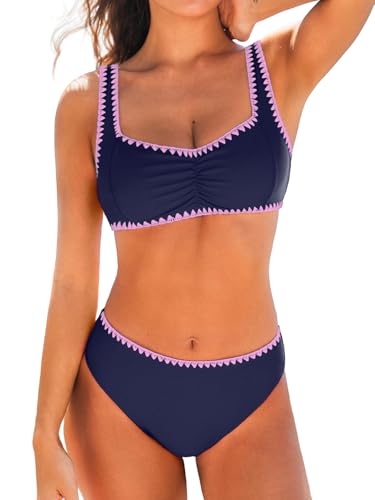 CUPSHE Womens Bikini Sets Sweetheart Neck Adjustable Wide Straps Swimsuit Stitching Bathing Suit Mid Rise M Navy Blue