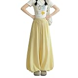 [Minax] ワイドパンツ レディース ガウチョパンツ ロング キュロット スカーチョ 体型カバー ウエストゴム 裾ゴム バルーンシルエット 無地 春夏秋 ゆったり 大きいサイズ 834(イエロー,S)