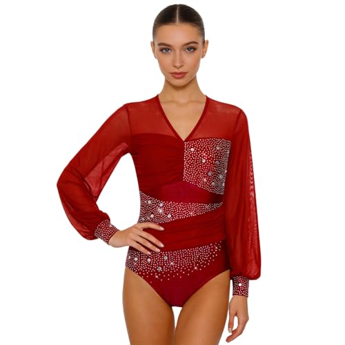 Costume de danse scintillant avec dos nu et décolleté V pour patinage artistique