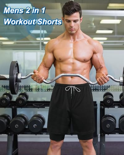 Sureio 3 Pcs Men's 2 in 1 Running Shorts 7 Inch Quick Dry Athletic Workout Shorts with Liner Phone Pockets Towel Loop3