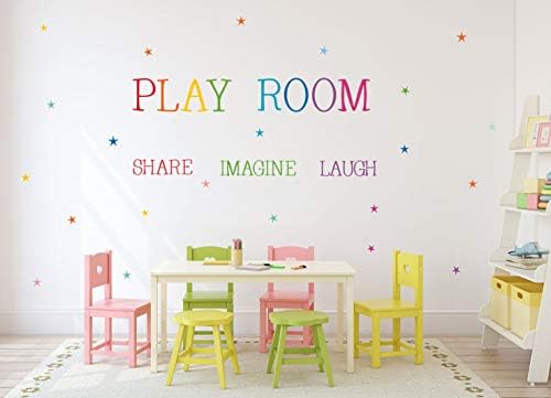 Playroom Share Imagine Laugh Wall Decal, Colorful Inspirational Lettering Quote with Stars Wall Sticker for Classroom Playroom Decoration