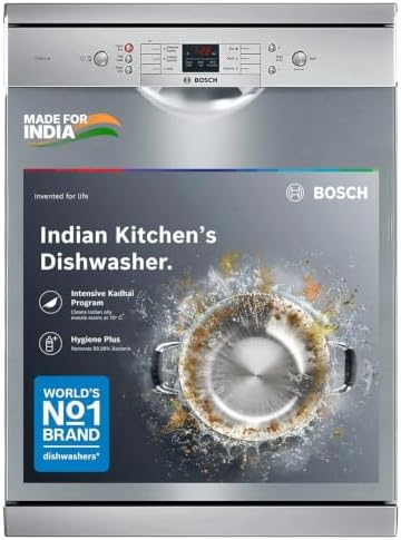 Bosch 13 Place Setting (fits up to 70 utensils) Free-Standing Dishwasher for Indian Utensils | Hygiene+ & Intensive Kadhai Program (SMS66GI01I, Inbuilt Heater, Removes 99.9% Germs, Silver Inox)