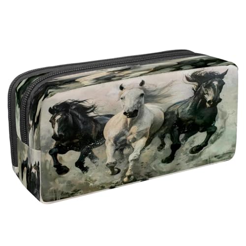 VAPOKF Trousse à crayons avec fermeture éclair pour garçons et filles, fournitures scolaires et de bureau, chevaux noirs et blancs au galop, multicolore, 2.3x8.2x3.9in/6x21x10cm, Trousse à crayons