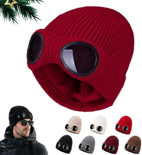 Beanie with Goggles, 2027 Unisex Goggle Knitted Beanie Hat Fleece Lined Cap