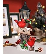 iStatue Lighted Cardinal Christmas Ornaments - 10’’ Resin 2 Red Birds Joy Lamp Post Figurine with...