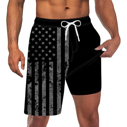 Goodstoworld Swim Trunks Bathing Suits for Men Patriotic with Liner 9 inch Inseam American Flag Black Swimsuit Summer 2 in 1 4th of July Bathing Suit Swimming Outdoor Sports Shorts Plus XXXL