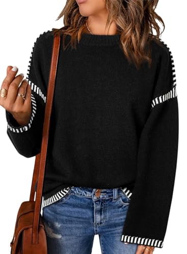 Image of Women's Crewneck Long Sleeve Sweater Casual Fall Contrast Ribbed Knit Pullover Jumper Tops