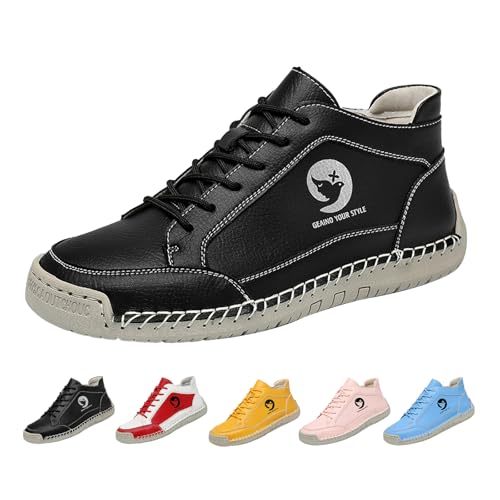 HNEOWGN Women's Outdoor Casual Shoes,Fashion Vintage Hand-Stitching Leather Mid Top Non-Slip Lace Up Travel Hiking Ankle Boots (8,Black)