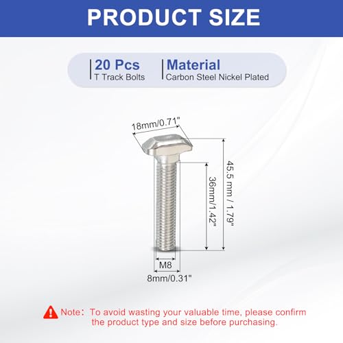 Image of PATIKIL M8 x 38 mm Thread T-Slot Bolts, 20 Pcs Drop-in Bolt Hammer Head T-Bolt Standard 8 mm Sliding Screw Stud for 40 Series Aluminum Extrusion Profile, Silver