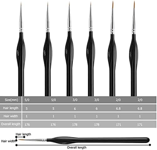 KINBOM 6PCS Detail Paint Brush Set, Miniature Paint Brushes Thin Detail Paint Brush Paint Brush Fine Paint Brushes for Acrylic Painting Miniature Craft Oil Painting Watercolor (Black, 3Specification)