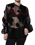 Dolce & Gabbana Blusa negra de malla de nailon transparente floral para mujer, Negro -, 46