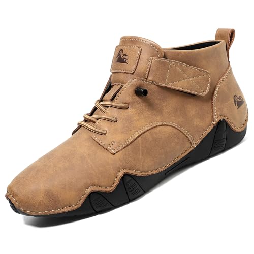 Image of Men's Casual Italian Handmade High Top High Boots Slip-ons Suede Leather Driving Chukka Booties Outdoor Non-Slip Breathable Dress Shoes