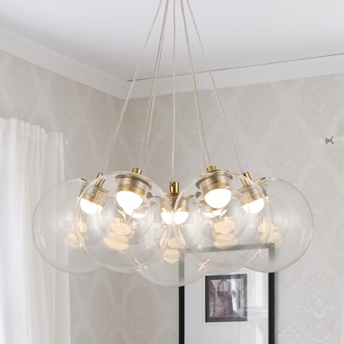 FEAZAC Modern Bubble Chandelier, 7-Light Clear Glass LED Globe Chandelier Lighting, Dual-use Sputnik Pendant Ceiling Light Fixture with Rod for Staircase Dining Room Bedroom Kitchen Island by FEAZAC - Used condition - US$131.37