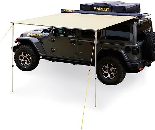 SAMOUT Vehicle Awning, 8.2ft x 10ft, Rooftop Pullout Ripstop UPF50+ Side Awning, Reinforced Hinges & Poles for Jeep/SUV/Truck/Van