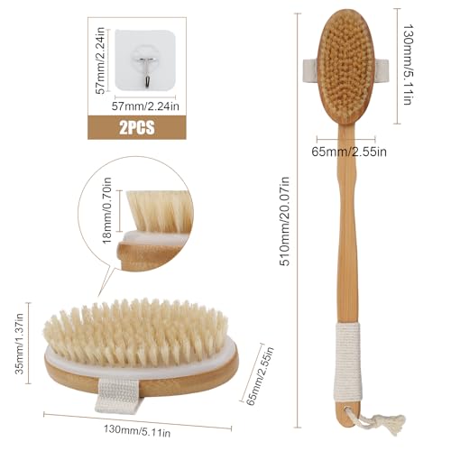 51CM Duschbürste Rücken Badebürste mit Langem Stiel Abnehmbarer langer Griff 2 Stück Rückenbürste Körperbürste Bürste Rücken mit Naturborsten für Massage Peeling Entfernung Abgestorbener Haut Cellulit