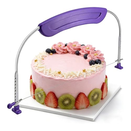 DmsGJyp Premium Cake Slicer, Professional Cake Leveller, Adjustable Stainless Steel Cake Cutter with Handle, Perfect for Kitchen Wedding Birthday Layer Cakes, Baking Tool (Purple)