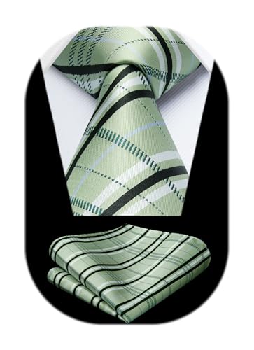 Image of HISDERN Ties for Men Plaid Checkered Tie with Pocket Square Woven Business Formal Necktie Handkerchief Set Wedding Party