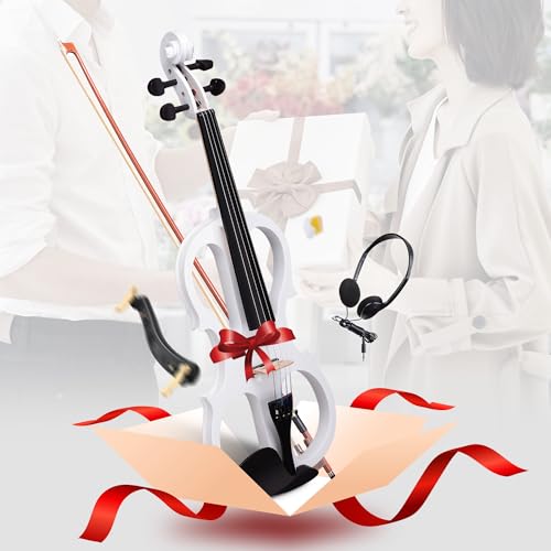AW 4/4 Electric Violin Full Size Wood Silent Fiddle Stringed Instrument Bow Headphone Case White