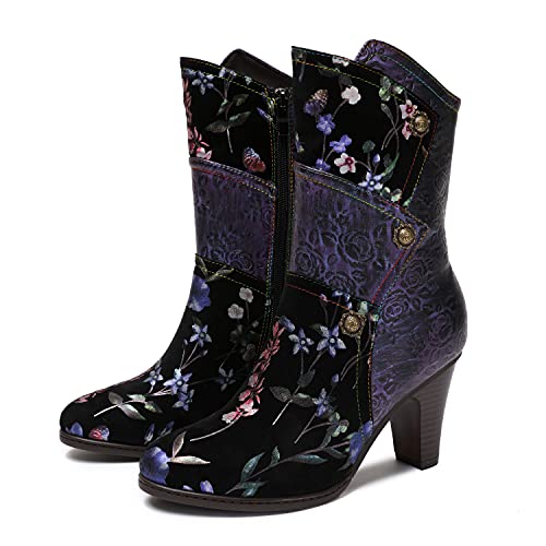 CrazycatZ Women Leather Ankle Leather Colorful Boots Vintage Leather Boots Floral Ankle Boots