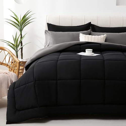 DOWNCOOL King Size Comforter Set, 7Pcs Bedding Comforter Sets Black/Grey, All Season Down Alternative Bedding Comforter Sets with Comforter, Flat Sheet, Fitted Sheet, 2 Pillow Shams & 2 Pillowcases