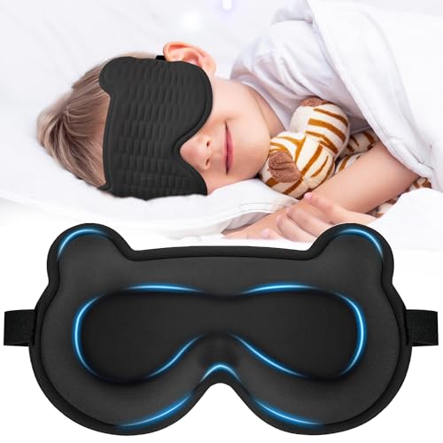 Kids Sleep Mask 3D Sleeping Eye Mask for Kids with Adjustable Elastic Strap Bear Shape Eye Cover with Memory Foam Soft & Light-Blocking Gift for Boys Girls Teens Age 515 (Black)