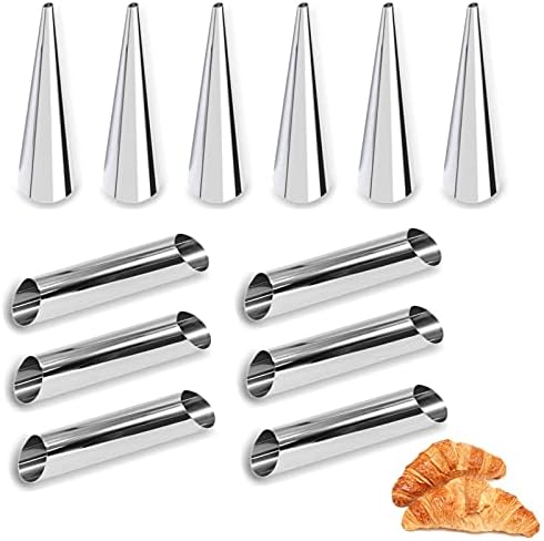 Cannoli Form Tubes,12pcs Screw Croissant Mold,Stainless Steel,Non-Stick Coating,Cream Spiral Horn Roll Moulds Set,Cone Tubular Shaped, for Baking Danish Crisps,Desserts,Bread,Pastry,Pancake,Sliver