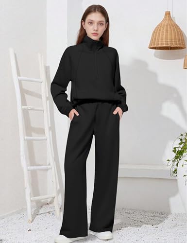 Image of BAVADER Girls Clothes 7-14Y Solid Color Half Zip Pullover Sweatshirt Fleece Lined Kids Sweatpants