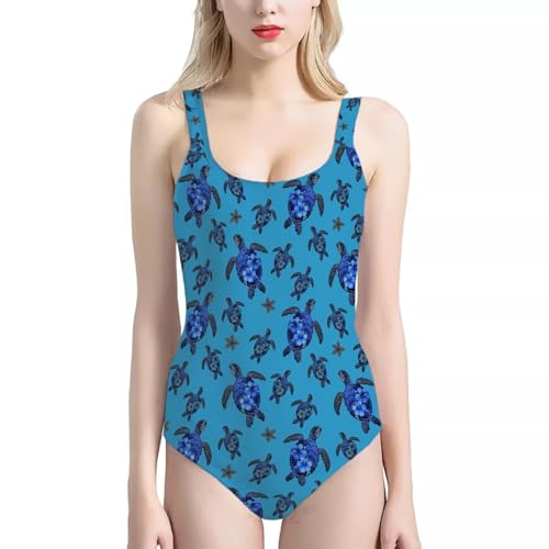 Pynewomyt Women's Blue Sea Turtle Print One Piece Swimsuits Classic Cheetah Leopard Print Bathing Suits Sleeveless Athletic Modest Tank Tops Swimwear Sexy Deep V Neck Bikini Swimsuits Size S