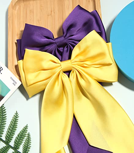 Furling Pompoms Big Bow Hair Barrette Clips Soft Satin Silky Bowknot With Long Tail French Barrette Hair Clip Hair Scrunchie Cute Gifts For Women Girls Purple Gold #TOP1