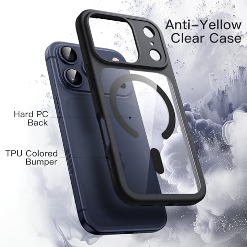 Image of JETech Magnetic Case for iPhone 17 Pro 6.3-Inch Compatible with MagSafe, Shockproof Phone Bumper Cover, Solid Color Matte TPU Frame, Anti-Scratch Clear Back (Black)