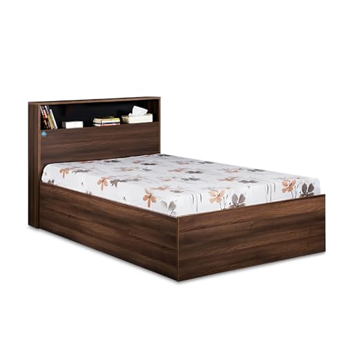 Image of DELITE KOM | 1 Year Warranty | Single Bed, Urban Engineered Wood Bed with Box Storage & with Headboard Shelf Storage, Wooden Bed (83x37 Inches) | Installation Included | Color - Acacia Dark