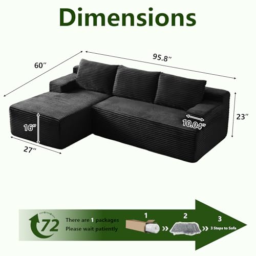 Image of 96 inch Modular Sectional Sofa, Modern Corduroy Cloud Couch with Side Pockets, Boneless Couch Upholstered 3-Seater L-Shaped Sofa for Living Room, No Assembly Required (Black, Left-Facing Chaise)