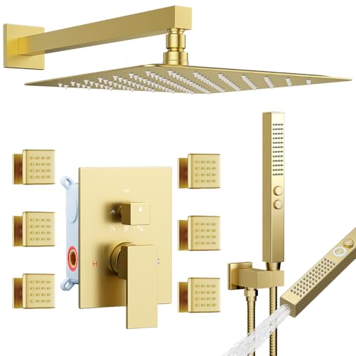 Brushed Gold Shower System with Body Jets, STARBATH 12 Inch Rainfall Shower System and 2 in 1 Handheld Spray Shower Jets System in Wall, Complete Wall Mounted 3 Way Shower Faucet Set with Valve Kit