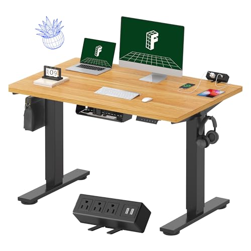 FLEXISPOT EN2 Whole-Piece Standing Desk with Clamp Power Strip, 48 x 30 Electric Stand Up Height Adjustable Desk with Cable Management (Black Frame + 48' Maple Top, 2 Packages)