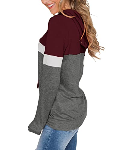 Pinkmstyle Hoodies For Teen Girls Color Block Sweatshirt Hooded Womens Long Sleeve Tops Blouse With Pocket Burgundy Medium #TOP2